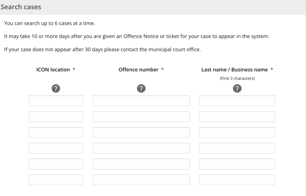Screenshot of ticket status website