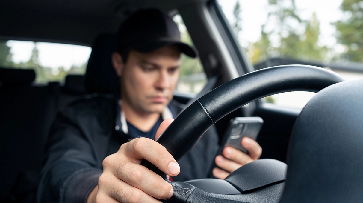 Man in baseball hat using a cell phone while driving in a car