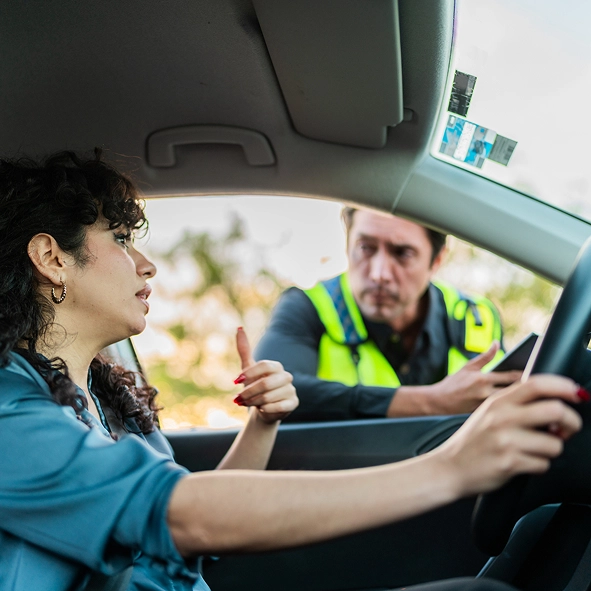 Driver speaks with an officer at the car window during a traffic stop.