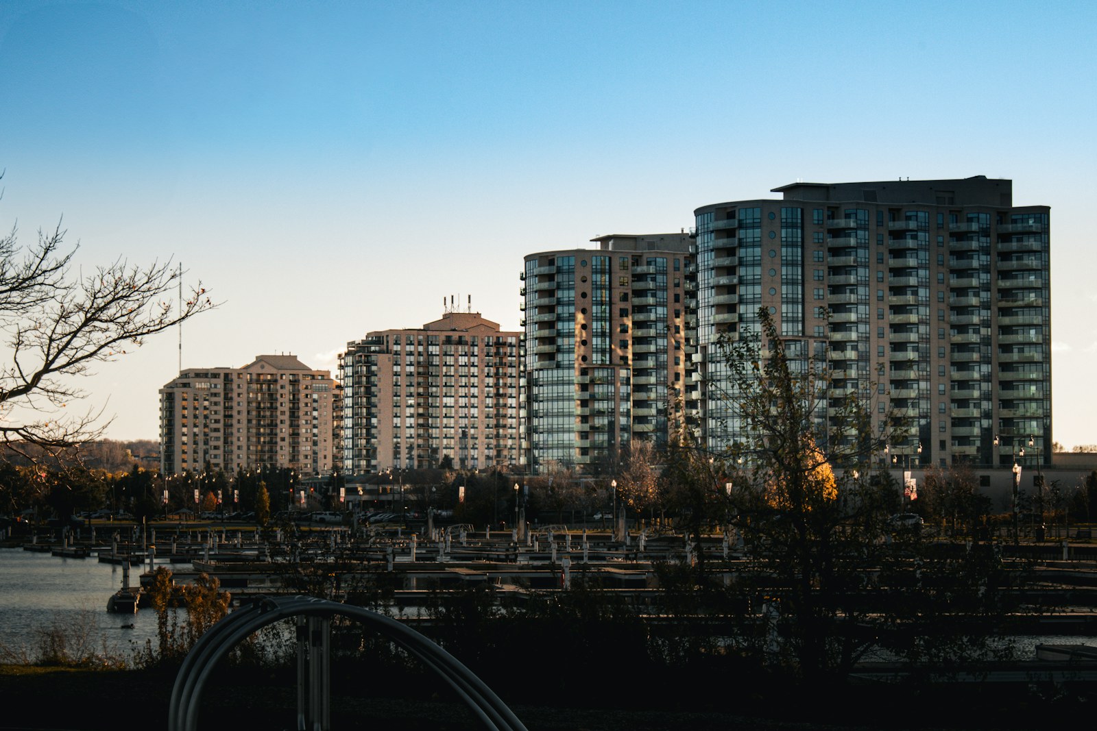 Barrie waterfront and marina beside the city skyline.