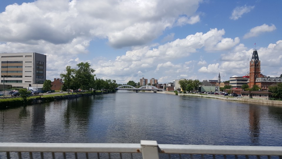Belleville City Hall and downtown beside the Moira River.