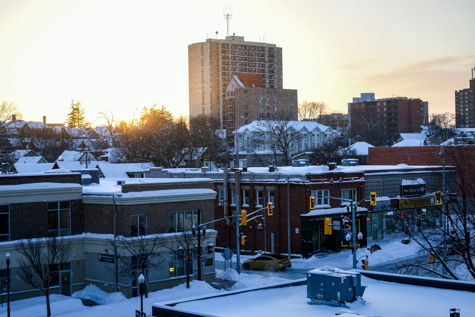 Downtown Kitchener after a winter snowfall.