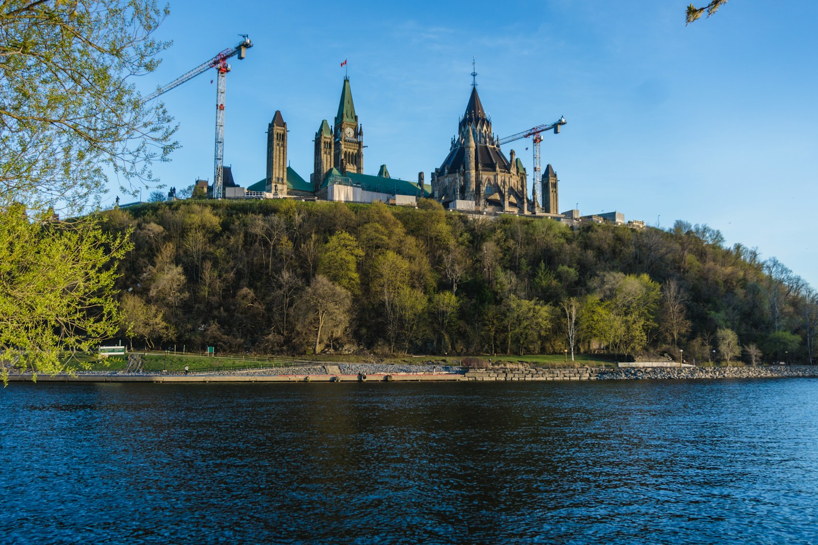 Parliament Hill in Ottawa viewed across the Ottawa River.