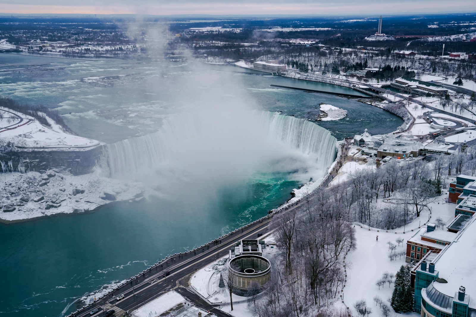 An aerial winter view of Niagara Falls in the Niagara Region.